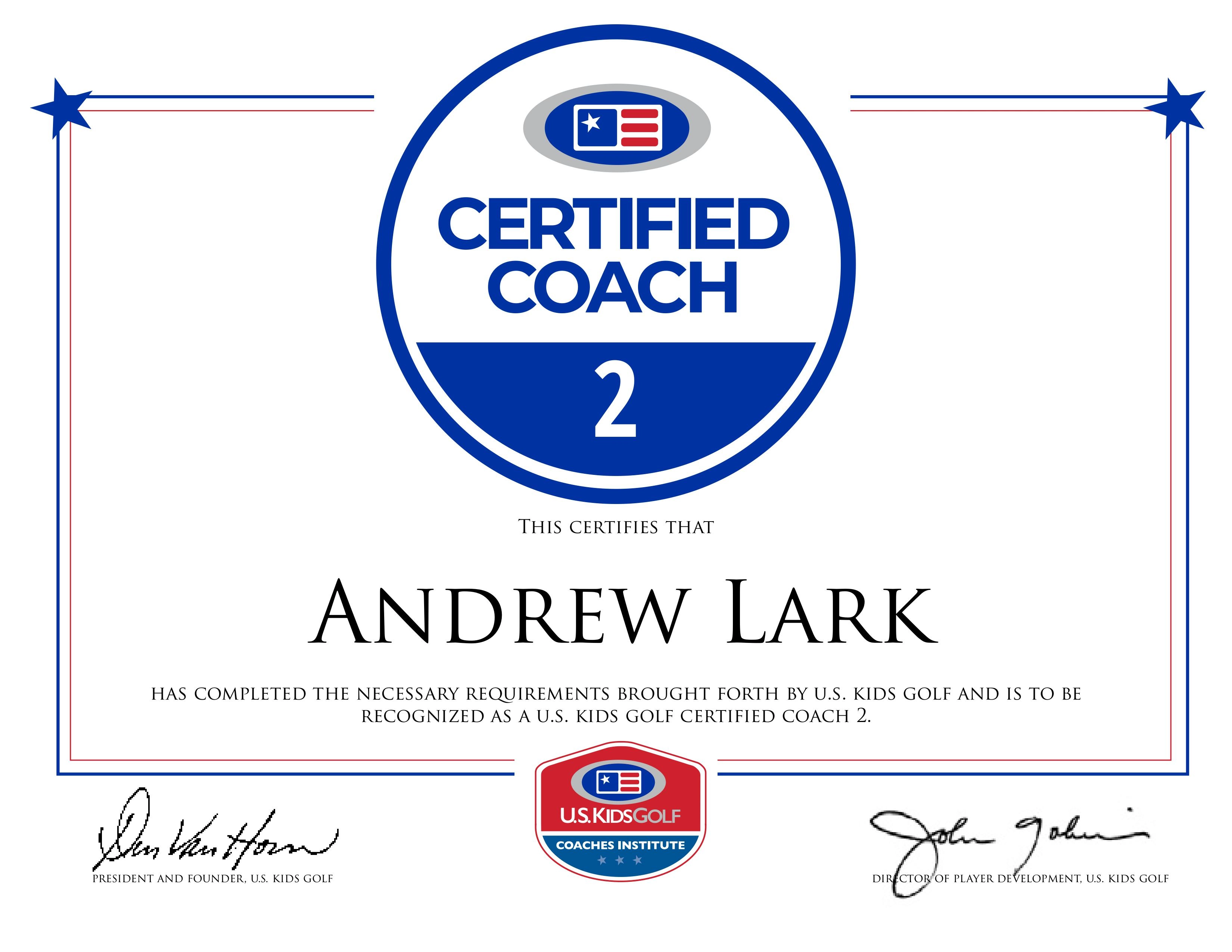Certified Coach 2 certificate for Andrew Lark.