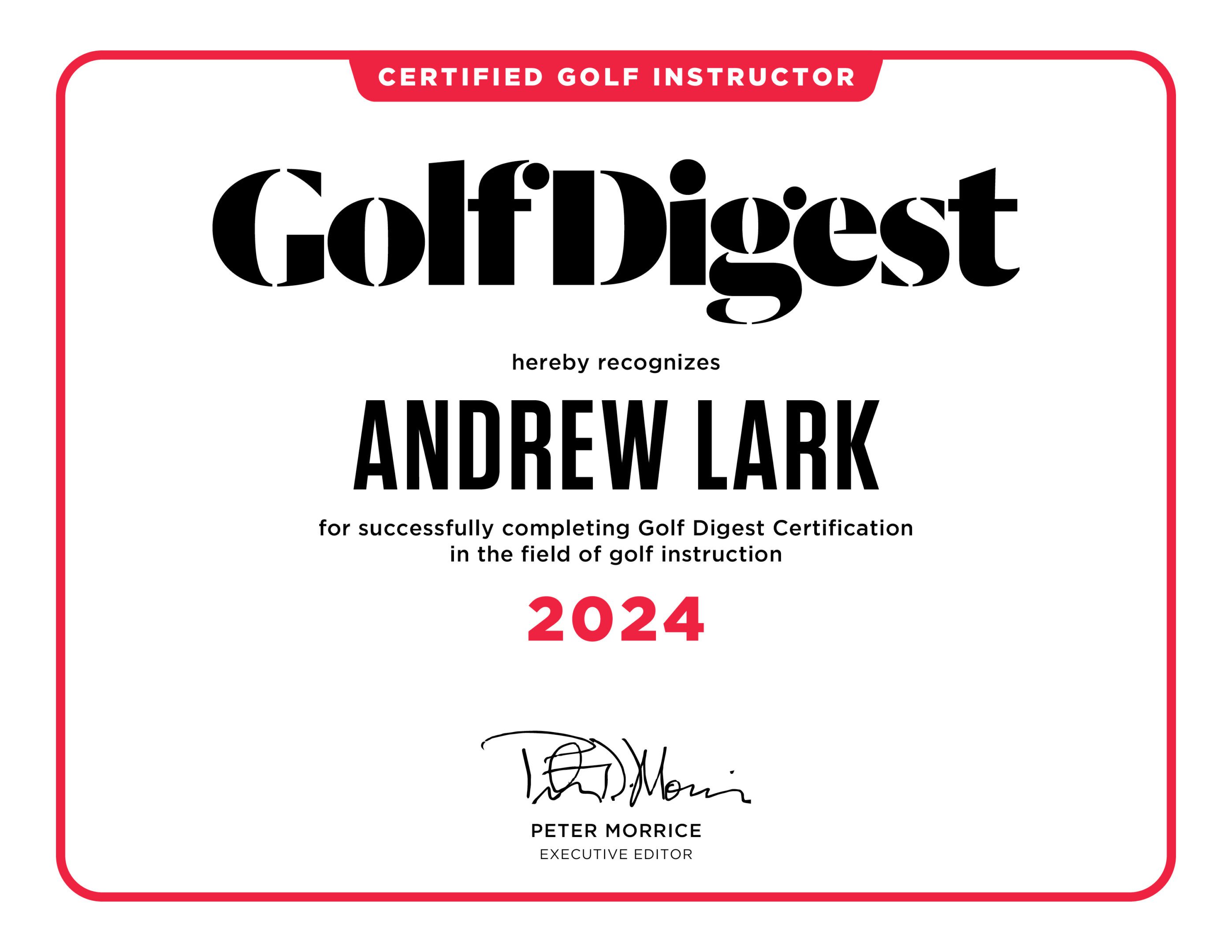 Golf Digest certified instructor certificate 2024.